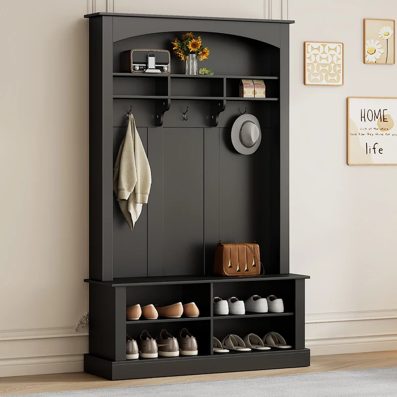 Vestiaire à l'entrée noir avec porte-manteaux étagères et assise 120x40x190 cm VERTEXSYTH
