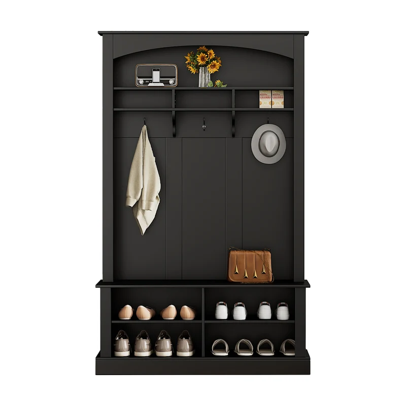 Vestiaire à l'entrée noir avec porte-manteaux étagères et assise 120x40x190 cm VERTEXSYTH