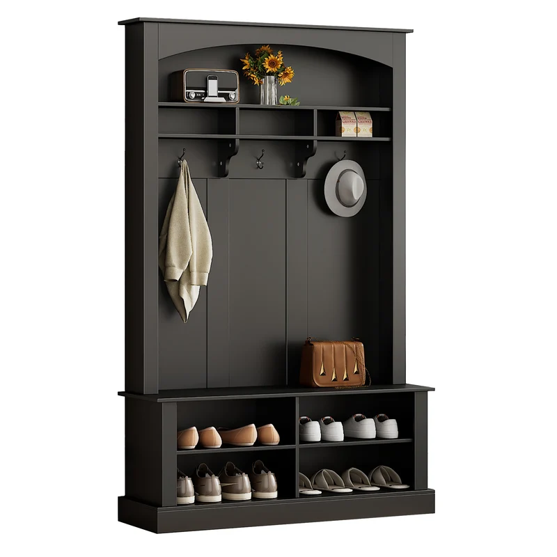 Vestiaire à l'entrée noir avec porte-manteaux étagères et assise 120x40x190 cm VERTEXSYTH