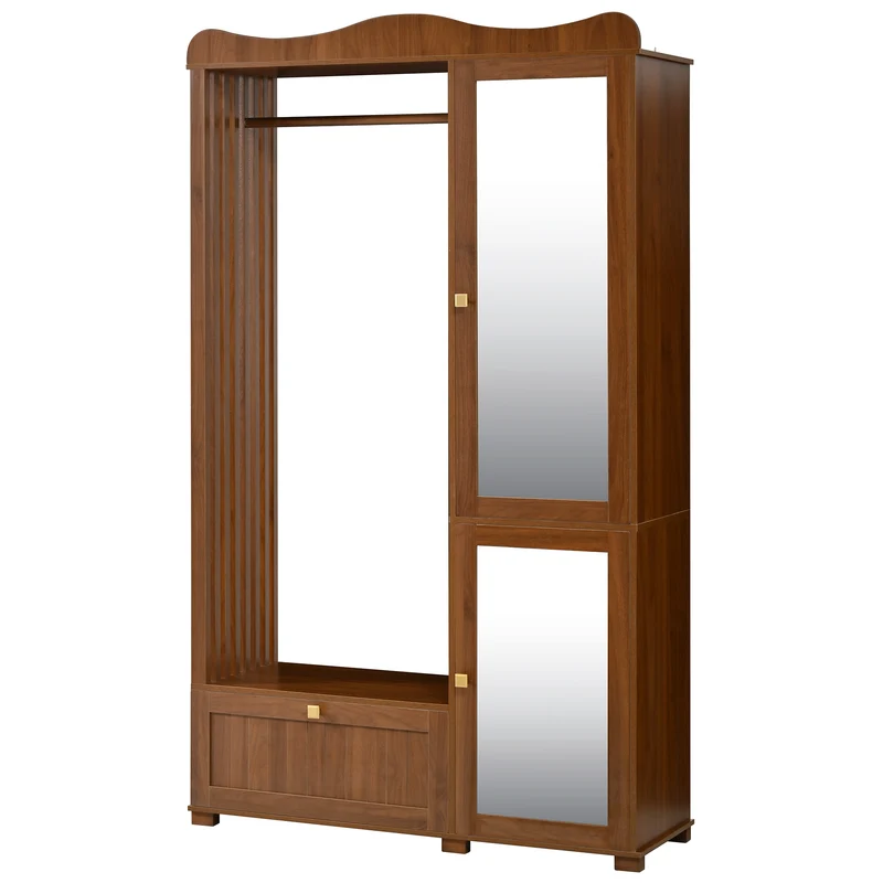 Vestiaire à l'entrée penderie miroir effet noyer avec tiroir 115x38,5x194,5cm RIFTKRYOSYN