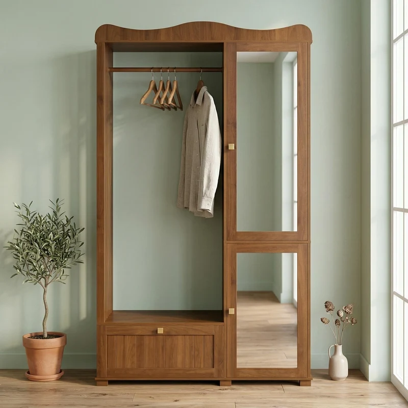 Vestiaire à l'entrée penderie miroir effet noyer avec tiroir 115x38,5x194,5cm RIFTKRYOSYN