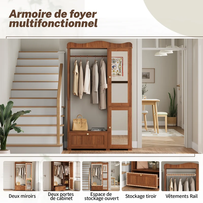 Vestiaire à l'entrée penderie miroir effet noyer avec tiroir 115x38,5x194,5cm RIFTKRYOSYN