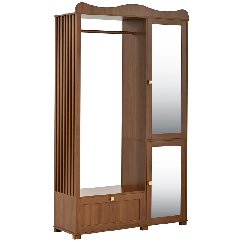 Vestiaire à l'entrée penderie miroir effet noyer avec tiroir 115x38,5x194,5cm RIFTKRYOSYN