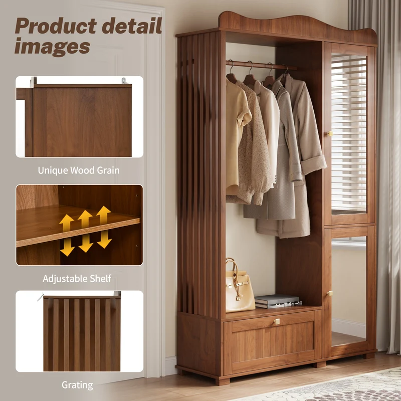 Vestiaire à l'entrée penderie miroir effet noyer avec tiroir 115x38,5x194,5cm RIFTKRYOSYN