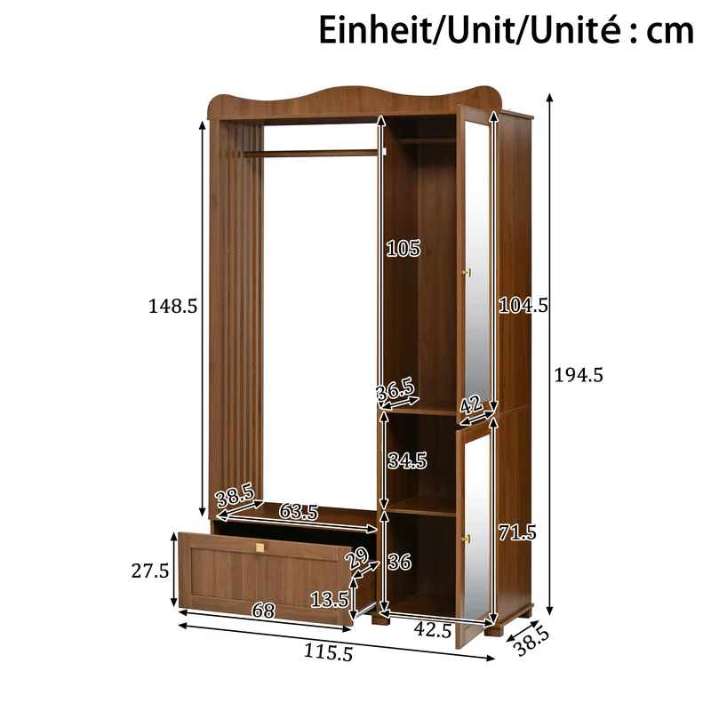 Vestiaire à l'entrée penderie miroir effet noyer avec tiroir 115x38,5x194,5cm RIFTKRYOSYN