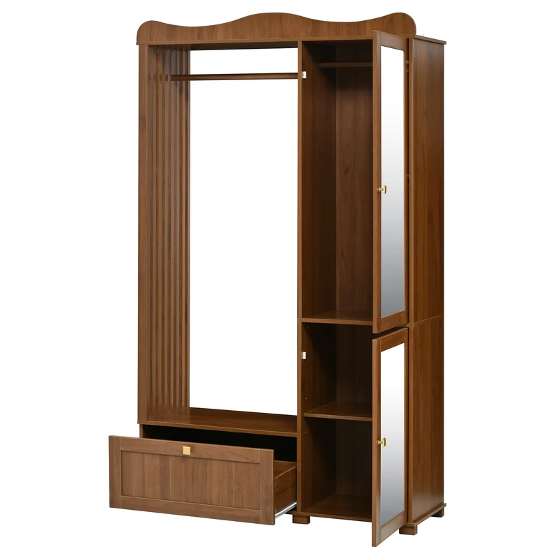Vestiaire à l'entrée penderie miroir effet noyer avec tiroir 115x38,5x194,5cm RIFTKRYOSYN