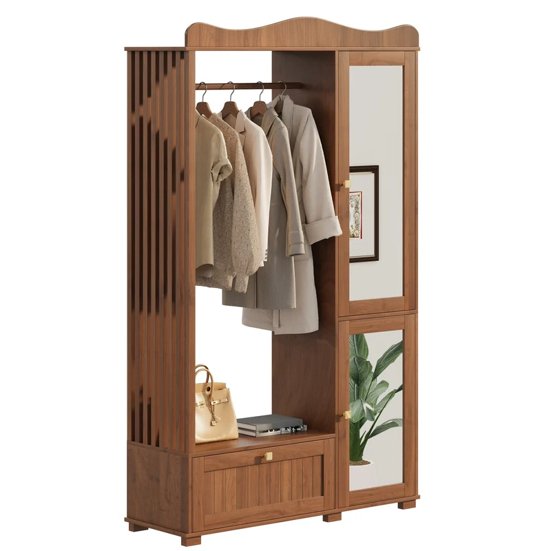 Vestiaire à l'entrée penderie miroir effet noyer avec tiroir 115x38,5x194,5cm RIFTKRYOSYN