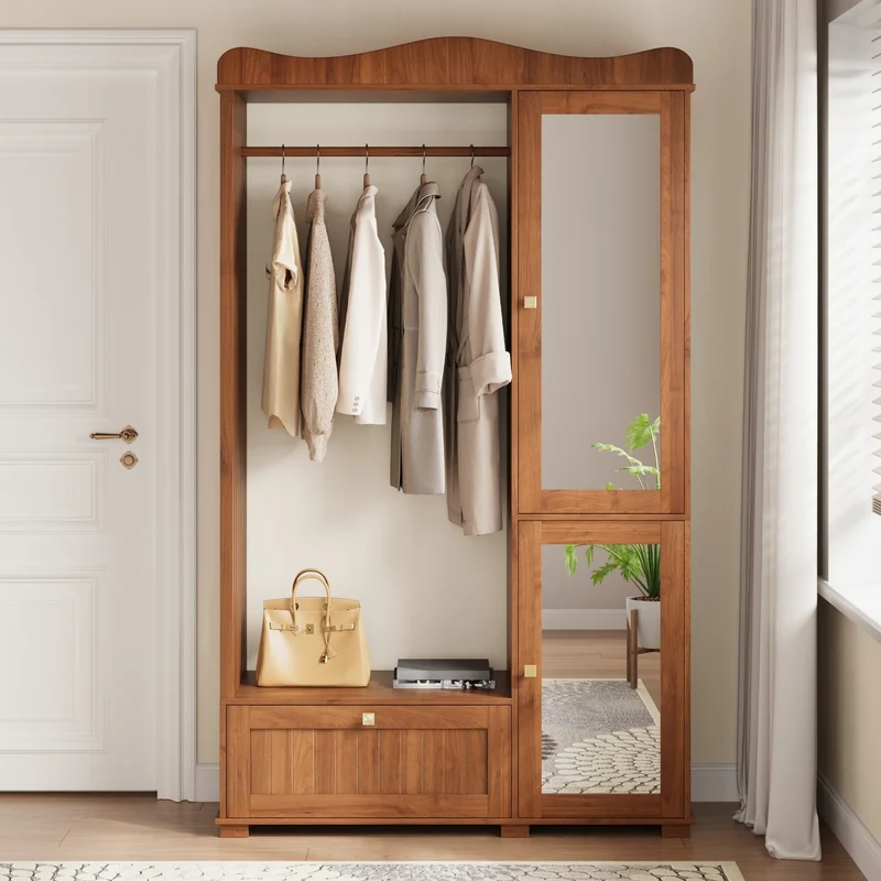 Vestiaire à l'entrée penderie miroir effet noyer avec tiroir 115x38,5x194,5cm RIFTKRYOSYN