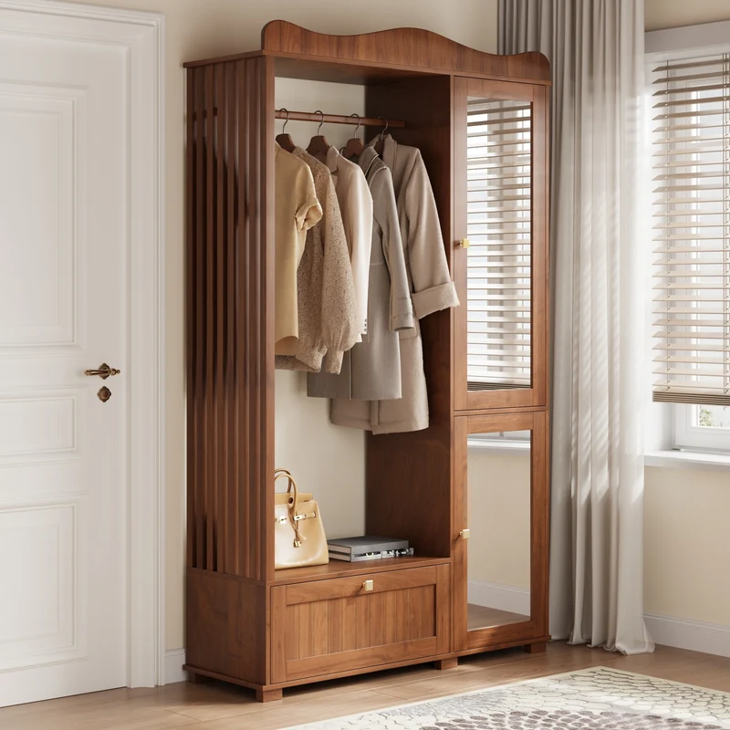 Vestiaire à l'entrée penderie miroir effet noyer avec tiroir 115x38,5x194,5cm RIFTKRYOSYN