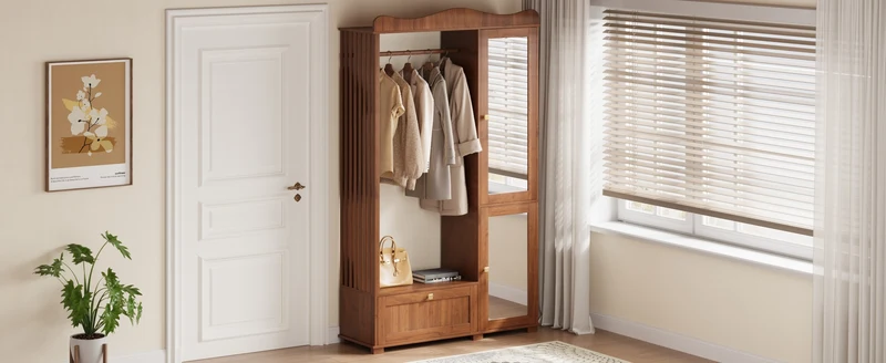 Vestiaire à l'entrée penderie miroir effet noyer avec tiroir 115x38,5x194,5cm RIFTKRYOSYN