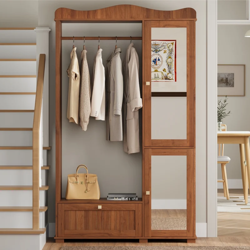 Vestiaire à l'entrée penderie miroir effet noyer avec tiroir 115x38,5x194,5cm RIFTKRYOSYN