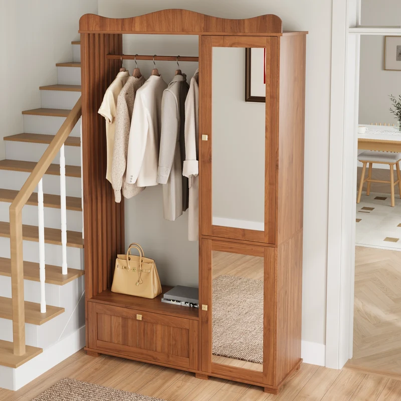 Vestiaire à l'entrée penderie miroir effet noyer avec tiroir 115x38,5x194,5cm RIFTKRYOSYN