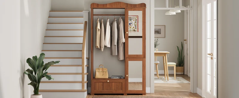 Vestiaire à l'entrée penderie miroir effet noyer avec tiroir 115x38,5x194,5cm RIFTKRYOSYN