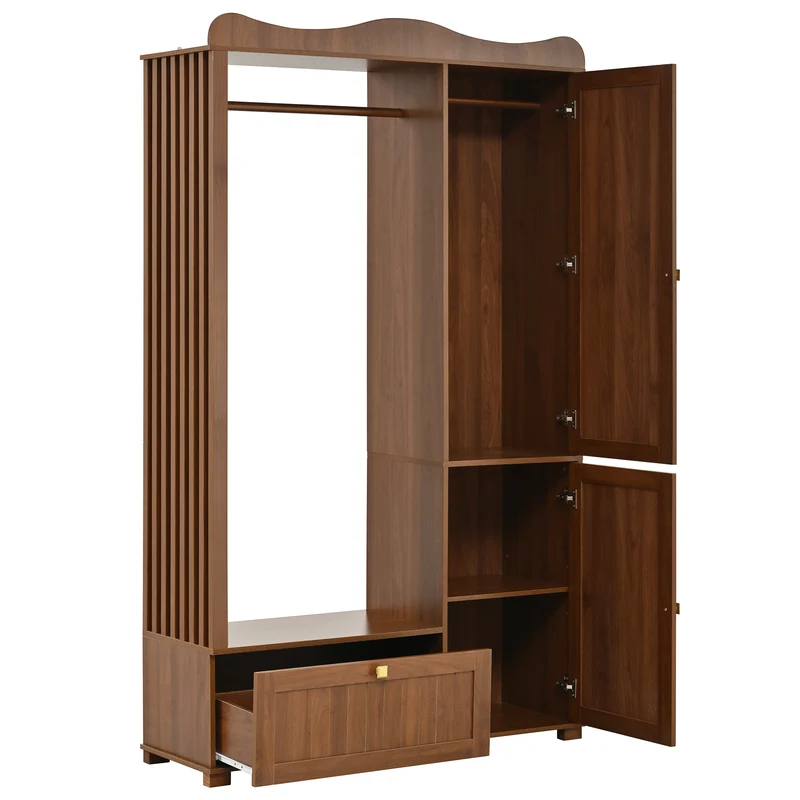 Vestiaire à l'entrée penderie miroir effet noyer avec tiroir 115x38,5x194,5cm RIFTKRYOSYN