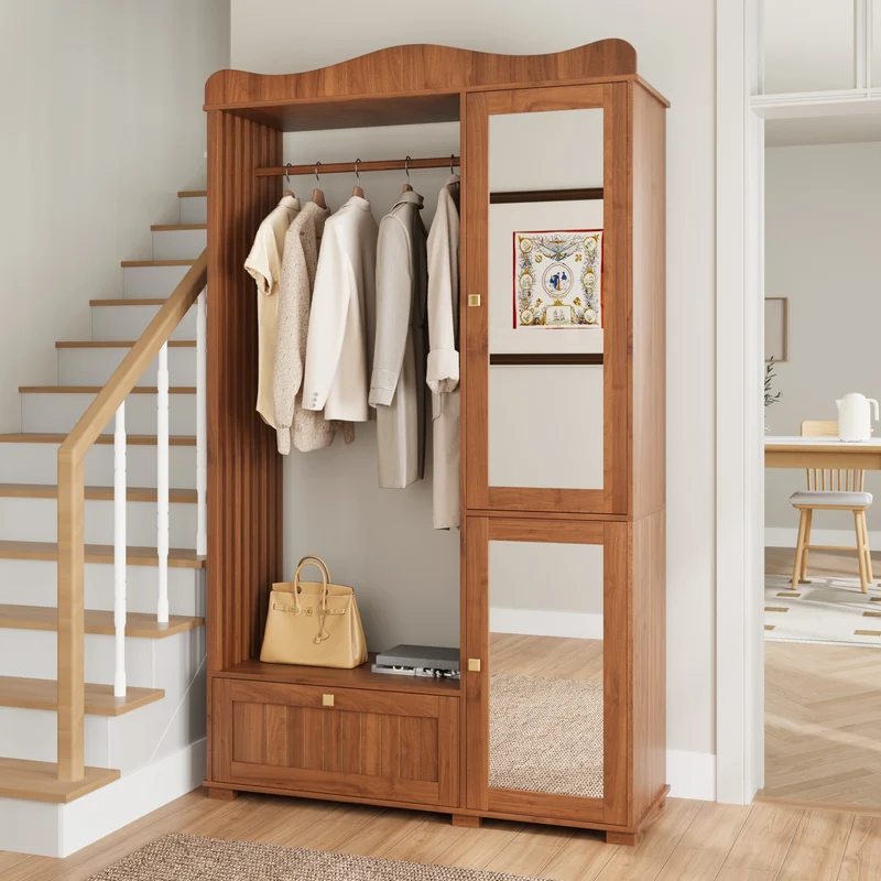 Vestiaire à l'entrée penderie miroir effet noyer avec tiroir 115x38,5x194,5cm RIFTKRYOSYN
