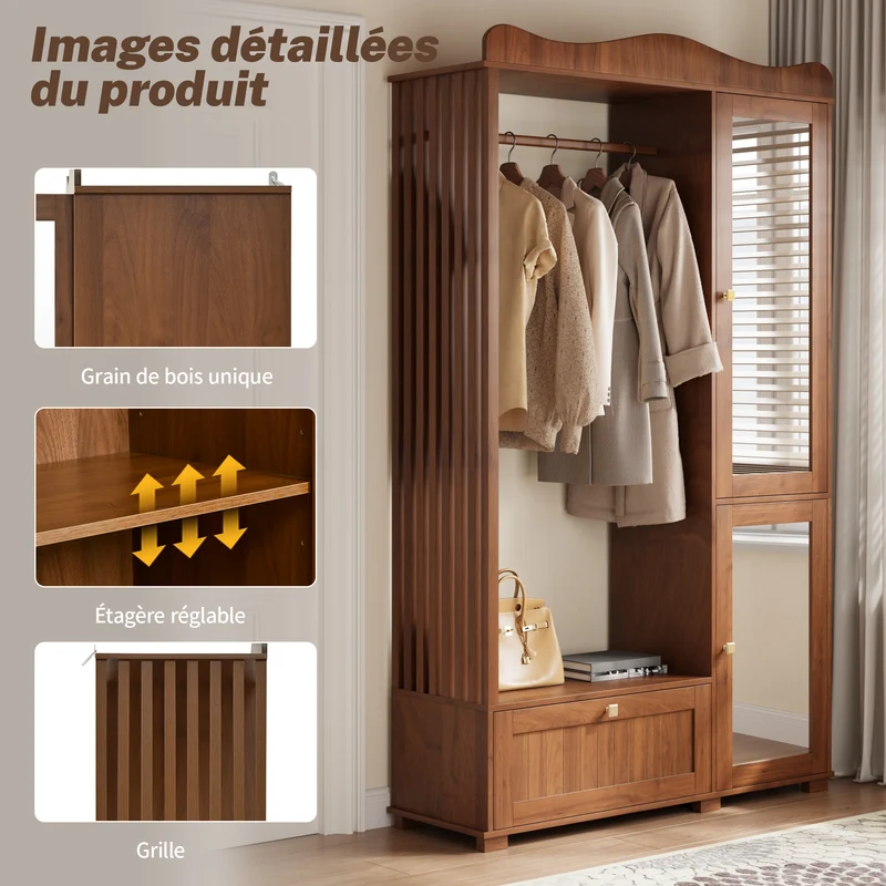 Vestiaire à l'entrée penderie miroir effet noyer avec tiroir 115x38,5x194,5cm RIFTKRYOSYN