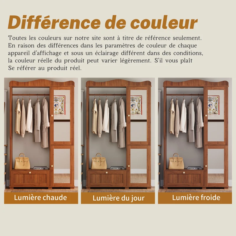 Vestiaire à l'entrée penderie miroir effet noyer avec tiroir 115x38,5x194,5cm RIFTKRYOSYN