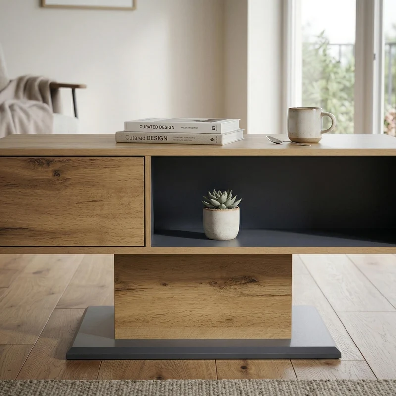 Table basse effet bois chêne gris 1 portes 2 niches 100x50x46,5cm RIFTMYRATHYN