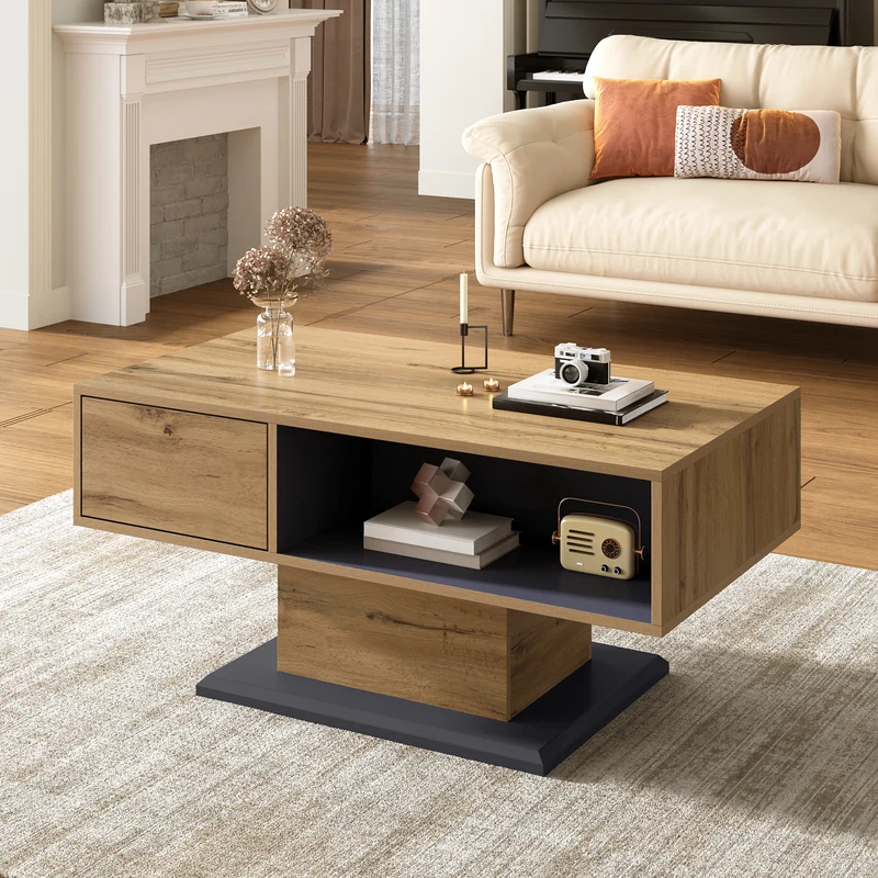 Table basse effet bois chêne gris 1 portes 2 niches 100x50x46,5cm RIFTMYRATHYN