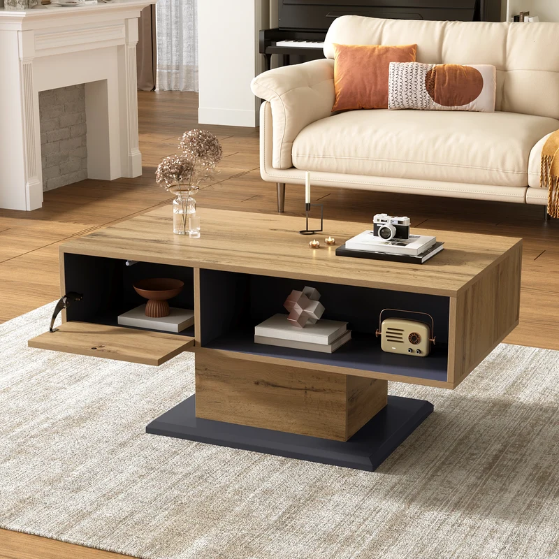 Table basse effet bois chêne gris 1 portes 2 niches 100x50x46,5cm RIFTMYRATHYN