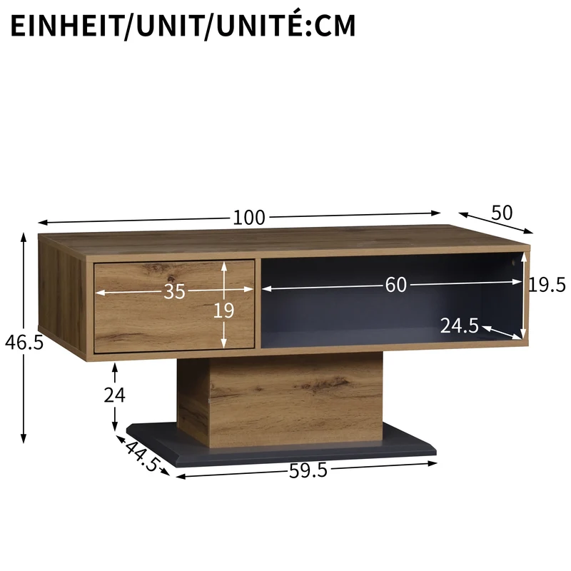 Table basse effet bois chêne gris 1 portes 2 niches 100x50x46,5cm RIFTMYRATHYN