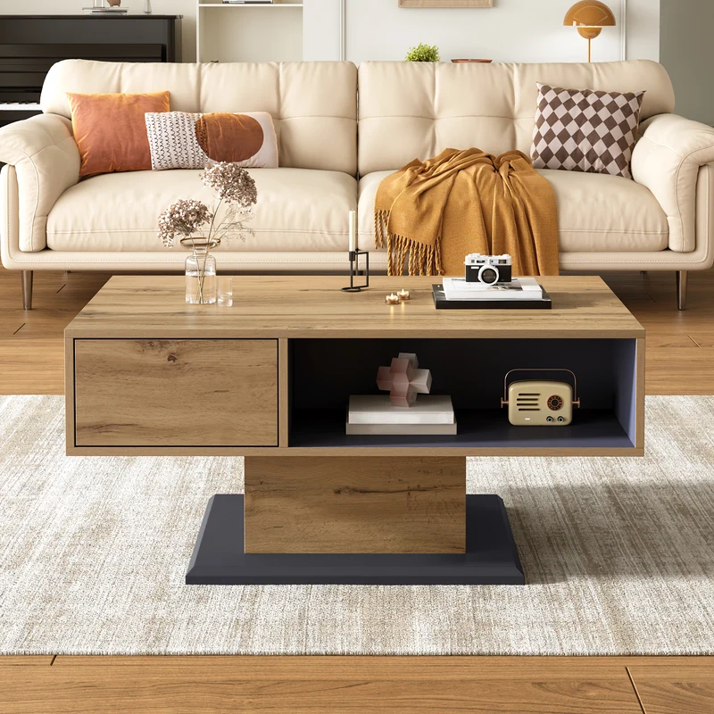 Table basse effet bois chêne gris 1 portes 2 niches 100x50x46,5cm RIFTMYRATHYN