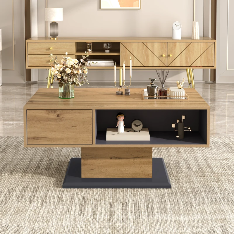 Table basse effet bois chêne gris 1 portes 2 niches 100x50x46,5cm RIFTMYRATHYN