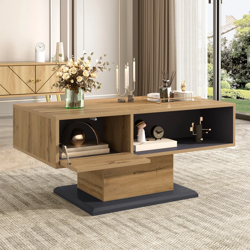 Table basse effet bois chêne gris 1 portes 2 niches 100x50x46,5cm RIFTMYRATHYN