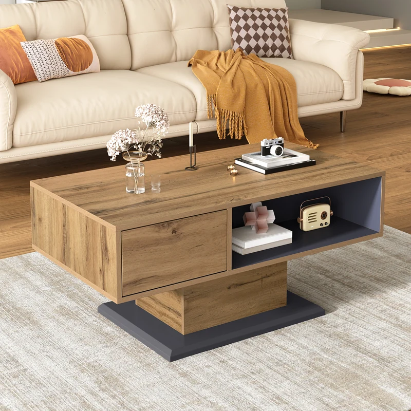 Table basse effet bois chêne gris 1 portes 2 niches 100x50x46,5cm RIFTMYRATHYN