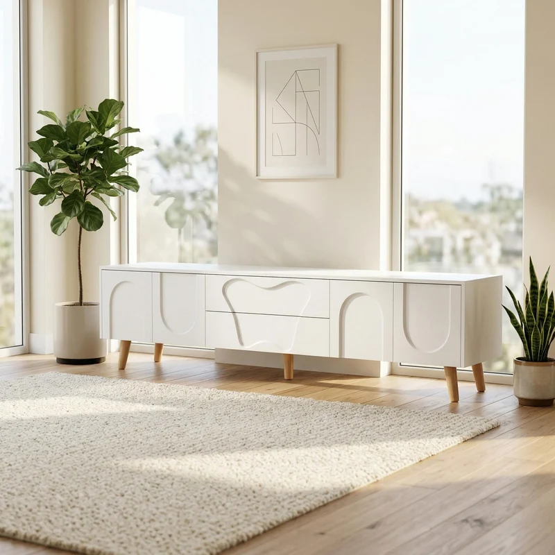 Meuble TV blanc 4 portes géométriques sculptés pieds boules 180*40*42cm RIFTMYRKON