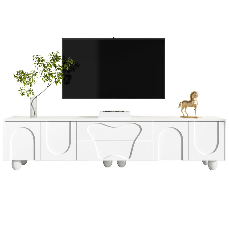 Meuble TV blanc 4 portes géométriques sculptés pieds boules 180*40*42cm RIFTMYRKON