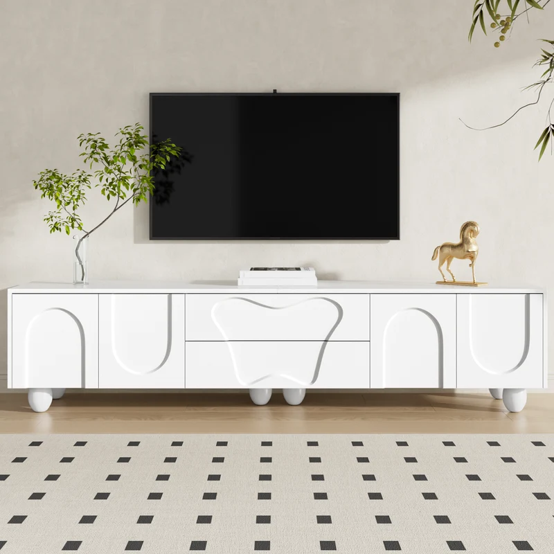 Meuble TV blanc 4 portes géométriques sculptés pieds boules 180*40*42cm RIFTMYRKON