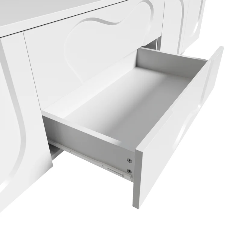 Meuble TV blanc 4 portes géométriques sculptés pieds boules 180*40*42cm RIFTMYRKON