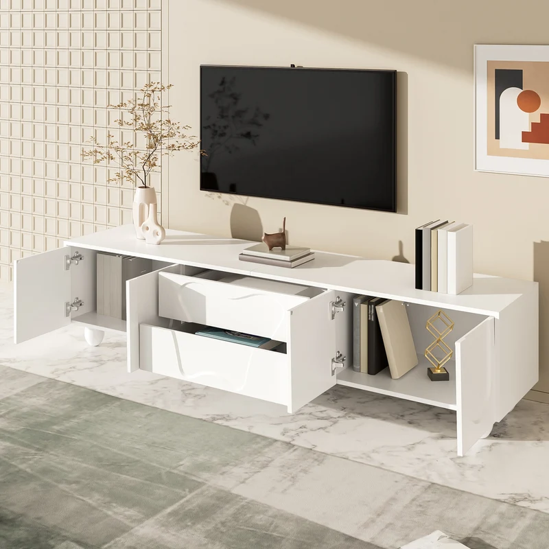 Meuble TV blanc 4 portes géométriques sculptés pieds boules 180*40*42cm RIFTMYRKON