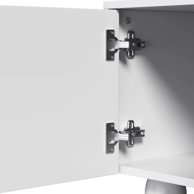 Meuble TV blanc 4 portes géométriques sculptés pieds boules 180*40*42cm RIFTMYRKON