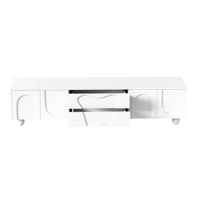 Meuble TV blanc 4 portes géométriques sculptés pieds boules 180*40*42cm RIFTMYRKON