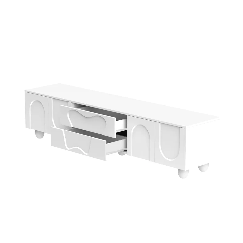 Meuble TV blanc 4 portes géométriques sculptés pieds boules 180*40*42cm RIFTMYRKON