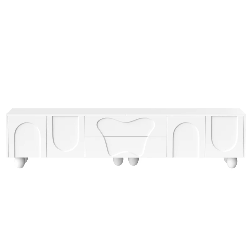 Meuble TV blanc 4 portes géométriques sculptés pieds boules 180*40*42cm RIFTMYRKON