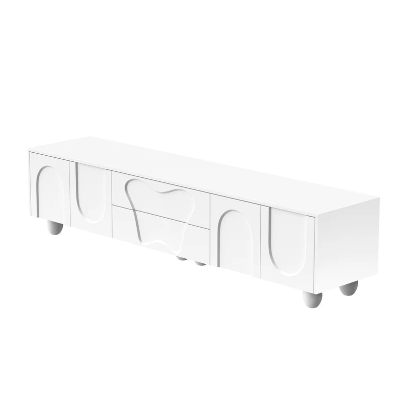 Meuble TV blanc 4 portes géométriques sculptés pieds boules 180*40*42cm RIFTMYRKON