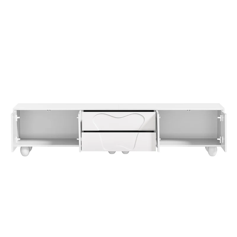 Meuble TV blanc 4 portes géométriques sculptés pieds boules 180*40*42cm RIFTMYRKON
