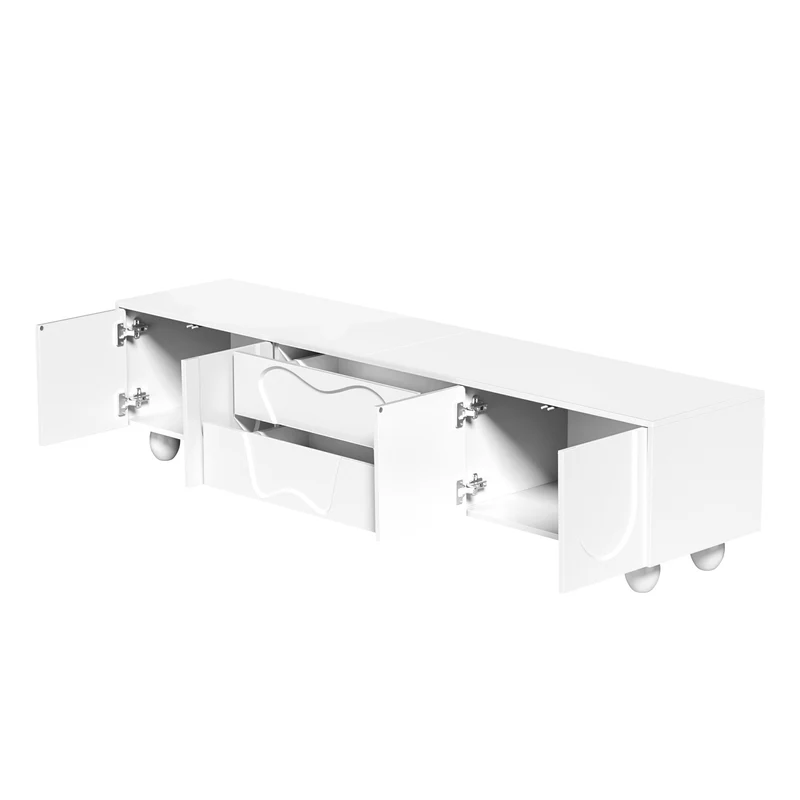 Meuble TV blanc 4 portes géométriques sculptés pieds boules 180*40*42cm RIFTMYRKON