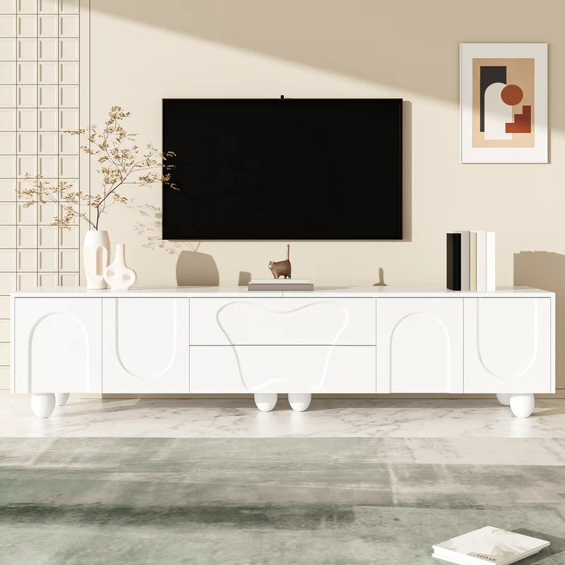 Meuble TV blanc 4 portes géométriques sculptés pieds boules 180*40*42cm RIFTMYRKON