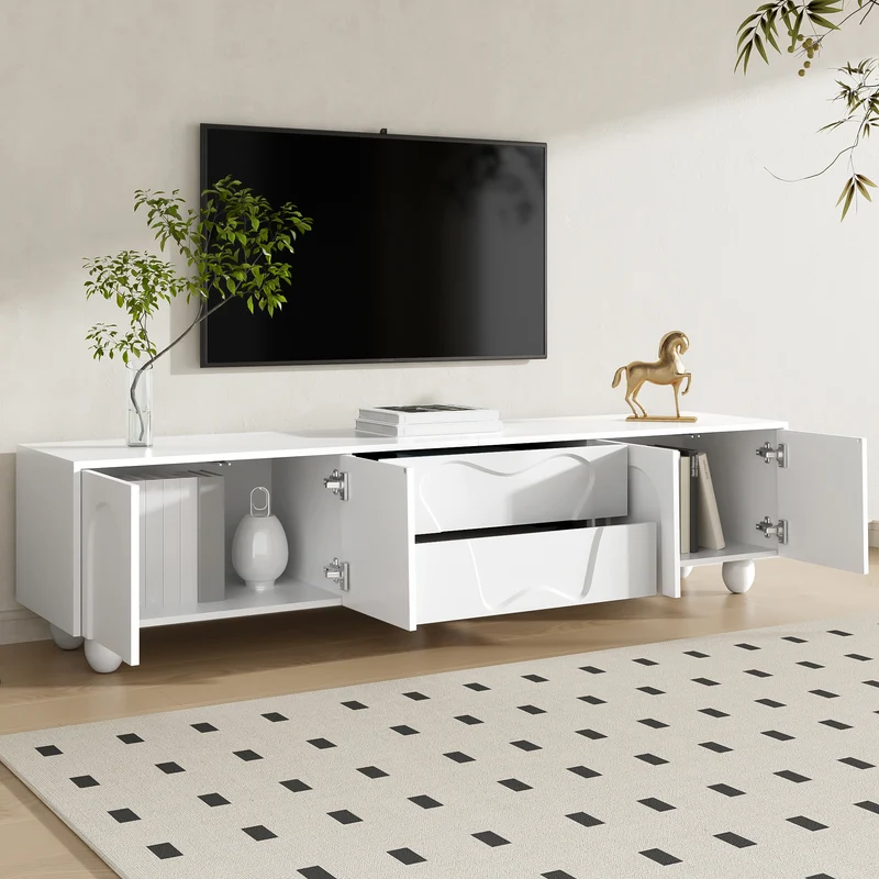Meuble TV blanc 4 portes géométriques sculptés pieds boules 180*40*42cm RIFTMYRKON