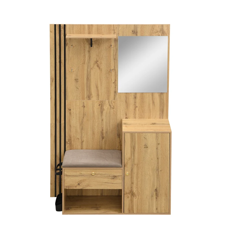 Vestiaire à l'entrée effet bois avec miroir, assise rangement chaussures et porte-parapluie 115x185x37cm MOMENTUMNEXUS