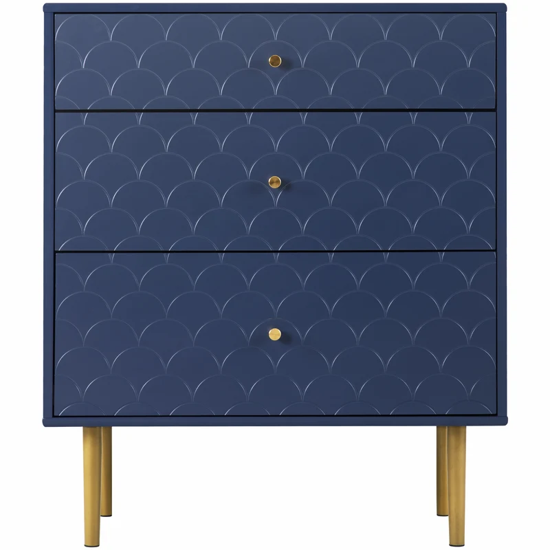 Commode buffet haut avec 3 tiroirs bleu marine motif d'écailles pieds dorés H89/L75/P40 cm KAUGZUN
