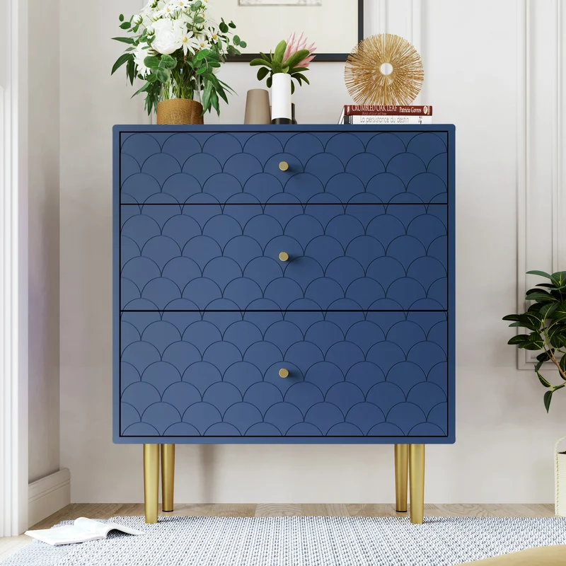 Commode buffet haut avec 3 tiroirs bleu marine motif d'écailles pieds dorés H89/L75/P40 cm KAUGZUN