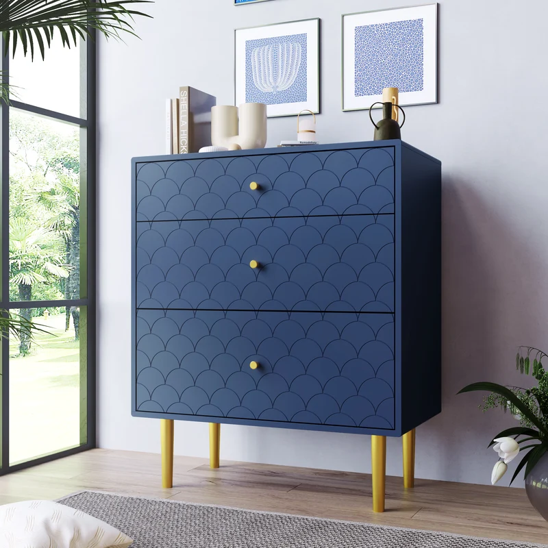 Commode buffet haut avec 3 tiroirs bleu marine motif d'écailles pieds dorés H89/L75/P40 cm KAUGZUN