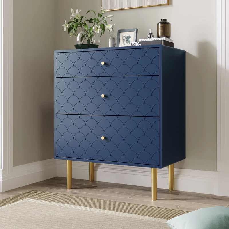 Commode buffet haut avec 3 tiroirs bleu marine motif d'écailles pieds dorés H89/L75/P40 cm KAUGZUN