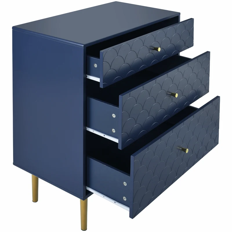 Commode buffet haut avec 3 tiroirs bleu marine motif d'écailles pieds dorés H89/L75/P40 cm KAUGZUN