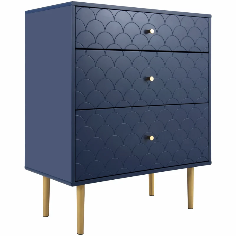 Commode buffet haut avec 3 tiroirs bleu marine motif d'écailles pieds dorés H89/L75/P40 cm KAUGZUN